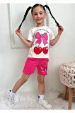 PJKSKT Kiraz Desenli Fuşya Şortlu Kız Çocuk Kısa Kol Takım 7625-F