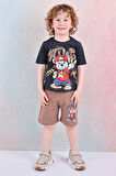 PJKSKT Cool Ayıcık Desenli Bej Şortlu Erkek Çocuk Kısa Kol Takım 7627-B