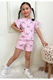 PJKSKT Fiyonk Desen Pembe Fitilli Kumaş Fırfırlı Kollu Şortlu Kız Çocuk Kısa Kol Takım 7637-P