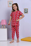 ELMKP Kırmızı Kedicik Desen Kız Çocuk Pijama Takımı 3-10 Yaş 1173