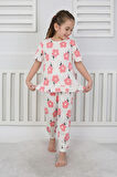 İSOB Ekru Çiçek Desenli %100 Pamuk Kız Çocuk Kısa Kollu Pijama Takımı 3-8 Yaş 21207-E