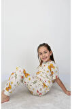 İSOB Ekru Kelebek Desenli %100 Pamuk Kız Çocuk Kısa Kollu Pijama Takımı 3-8 Yaş 21208-E
