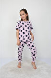 İSOB Lila Çiçek Desenli %100 Pamuk Kız Çocuk Kısa Kollu Pijama Takımı 3-8 Yaş 21209-L