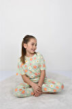 İSOB Yeşil Çiçek Desenli %100 Pamuk Kız Çocuk Kısa Kollu Pijama Takımı 3-8 Yaş 21210-Y
