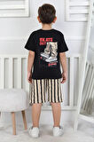 İSOB Siyah Çizgi Desenli %100 Pamuk Erkek Çocuk Kısa Kollu Şortlu Takım 3-8 Yaş 24414-S