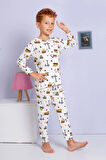 1+1ELMP Ekru İş Makinesi Desenli %100 Pamuk Erkek Çocuk Pijama Takımı 1-2 Yaş 03058
