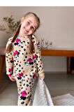 İSOB Bej Minnie Mause Desenli Fitilli Kumaş %100 Pamuk Kız Çocuk Pijama Takımı 3-8 Yaş 31219-B