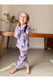 İSOB Lila Stitch Desenli Fitilli Kumaş %100 Pamuk Kız Çocuk Pijama Takımı 3-8 Yaş 31220-L
