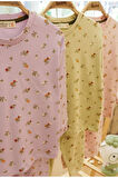 İSOB Yeşil Çıtır Çiçek Desenli Fitilli Kumaş %100 Pamuk Kız Çocuk Pijama Takımı 3-8 Yaş 31222-Y