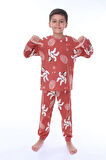 İSOB Kiremit Astronot Köpek Desenli %100 Pamuk Unisex Çocuk Pijama Takımı 3-8 Yaş 32203-K