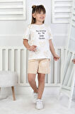 İSOB Ekru Bej Kalp Desenli %100 Pamuk Kız Çocuk Kısa Kollu 2İp Şortlu Takım 3-8 Yaş 33105-E
