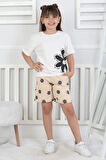 İSOB Ekru Bej Papatya Desenli %100 Pamuk Kız Çocuk Kısa Kollu 2İp Şortlu Takım 3-8 Yaş 33106-B