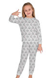 *ELMP Gri Kedicikli %100 Pamuk Kız Çocuk Pijama Takımı 1-9 Yaş 4037