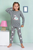 ELMP Gri Kuğu Desenli %100 Pamuk Kız Çocuk Pijama Takımı 1-13 Yaş 4068