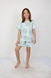 İSOB Mavi Kalp Desenli %100 Pamuk Kız Çocuk Kısa Kollu Şortlu Takım 3-8 Yaş 41201-M
