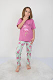 İSOB FuşyaYeşil Flamingo Desenli %100 Pamuk Kız Çocuk Kısa Kollu Pijama Takımı 3-8 Yaş 41205-FY