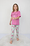 İSOB FuşyaYeşil Flamingo Desenli %100 Pamuk Kız Çocuk Kısa Kollu Pijama Takımı 3-8 Yaş 41205-FY