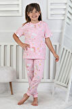 İSOB Pembe Gökkuşağı Desenli %100 Pamuk Kız Çocuk Kısa Kollu Pijama Takımı 3-8 Yaş 41215-P