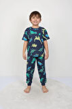 İSOB Yeşil Dinozor Desenli %100 Pamuk Erkek Çocuk Kısa Kollu Pijama Takımı 3-8 Yaş 41312-Y