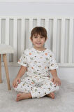 İSOB Ekru Arslan Desenli %100 Pamuk Erkek Çocuk Kısa Kollu Pijama Takımı 3-8 Yaş 41314-E