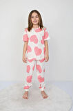 İSOB Pembe Kalp Desenli %100 Pamuk Kız Çocuk Kısa Kollu Pijama Takımı 8-13 Yaş 41401-P