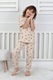 İSOB Bej Kelebek Desenli %100 Pamuk Kız Çocuk Kısa Kollu Pijama Takımı 8-13 Yaş 41411-B