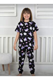 İSOB Siyah Kuromi Desenli %100 Pamuk Kız Çocuk Kısa Kollu Pijama Takımı 3-13 Yaş 41213-41413