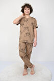 İSOB Kahverengi Atary Desenli %100 Pamuk Erkek Çocuk Kısa Kollu Pijama Takımı 8-13 Yaş 41501-K