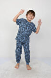 İSOB Mavi Gülen Surat Desenli %100 Pamuk Erkek Çocuk Kısa Kollu Pijama Takımı 8-13 Yaş 41503-M
