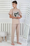İSOB Bej Atary Desenli %100 Pamuk Kısa Kollu Erkek Çocuk Pijama Takımı 8-13 Yaş 41517-BE