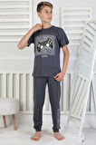 İSOB Füme Atary Desenli %100 Pamuk Kısa Kollu Erkek Çocuk Pijama Takımı 8-13 Yaş 41517-F