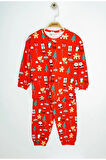 İSOB Kırmızı Yeni Yıl Desenli İnterlok %100 Pamuk Unisex Kız ve Erkek Çocuk Pijama Takımı 3-13 Yaş 4226-K