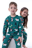 İSOB Yeşil Yeni Yıl Desenli %100 Pamuk Kız ve Erkek Çocuk Pijama Takımı 3-13 Yaş 42228-Y