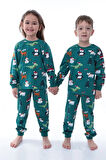 İSOB Yeşil Yeni Yıl Desenli %100 Pamuk Kız ve Erkek Çocuk Pijama Takımı 3-13 Yaş 42228-Y