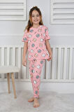İSOB Pembe Kedicik Desenli %100 Pamuk Kız Çocuk Kısa Kollu Pijama Takımı 3-8 Yaş 441207-P