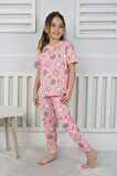İSOB Pembe Kedicik Desenli %100 Pamuk Kız Çocuk Kısa Kollu Pijama Takımı 3-8 Yaş 441207-P