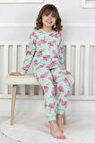 İSOB Yeşil Flamingo Desenli %100 Pamuk Kız Çocuk Pijama Takımı 3-8 Yaş 51203-Y