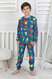 İSOB Lacivert Üçgen Desenli %100 Pamuk Erkek Çocuk Pijama Takımı 3-8 Yaş 51312-L