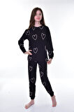 İSOB Siyah Kalp Desenli %100 Pamuk Kız Çocuk Pijama Takımı 3-13 Yaş 51216-51414