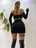 Siyah Askısız Yüksek Bel Mini Etekli İkili Takım