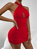 Kırmızı Boyundan Bağlamalı Askısız Bodycon Mini Elbise