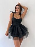 Siyah Nokta Baskı Spagetti Lolita Tarzı Cutecore Mini Elbise
