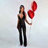 Lace Jumpsuit With Skinny Flared Legs Black