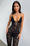 Lace Jumpsuit With Skinny Flared Legs Black