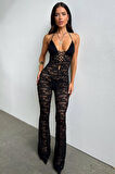 Lace Jumpsuit With Skinny Flared Legs Black