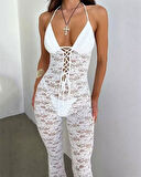Lace Jumpsuit With Skinny Flared Legs White