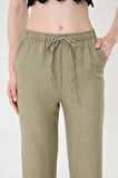 Kadın Haki Keten Karışımlı Bol Kesim Pantolon