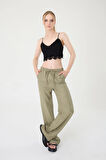 Kadın Haki Keten Karışımlı Bol Kesim Pantolon