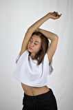 Beyaz Basic Kolsuz Crop Sweatshirt
