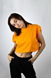 Turuncu Basic Kolsuz Crop Sweatshirt